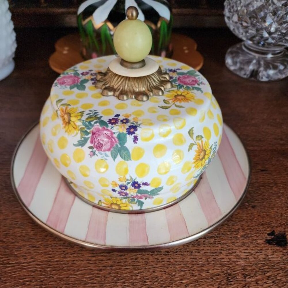 MACKENZIE-CHILDS BUTTER CUP DOMED BUTTER DISH WITH ROSY CHECK PLATE - Picture 2 of 5